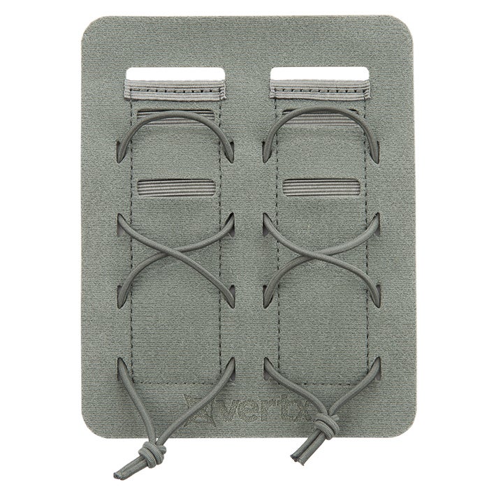 A Vortex Tactical gear panel features a muted green fabric with grey elastic straps and shoelace-like details creating a grid pattern