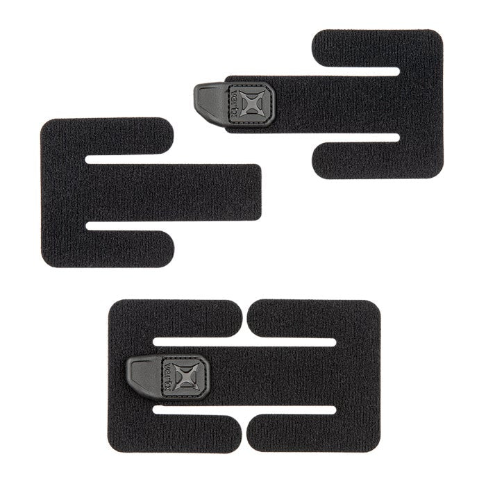 Product shot showing a black Velcro-style Vertx brand modular attachment system with a textured surface and a small, embossed logo suitable for various applications
