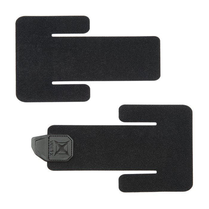Product shot showing two black Velcro straps with cutouts and a textured gray Vertex logo patch