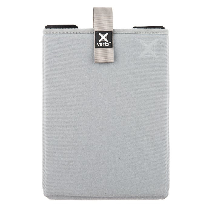 Product shot of a Vertx gray fabric pouch with a tan strap and black accents featuring a subtle textured surface and a branded logo
