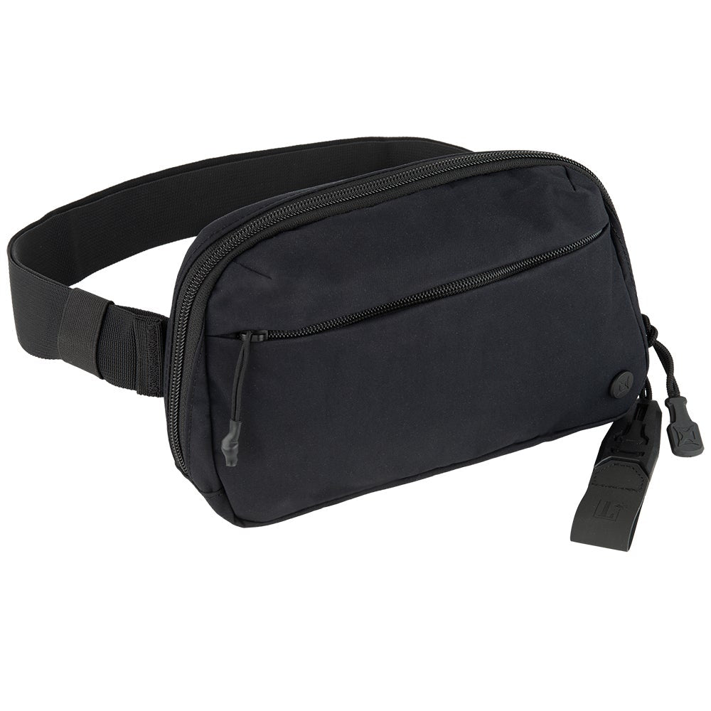 Product shot of a black nylon waist bag featuring adjustable belt, zippered compartments, and a unique branded leather tag
