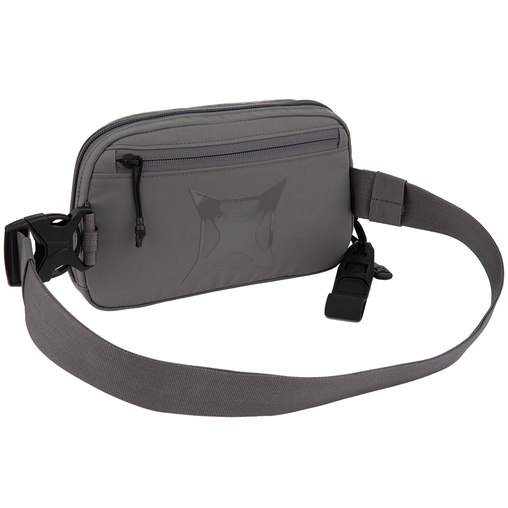 Product shot of a gray fabric waist bag with black buckles and a distinctive embossed logo featuring a zippered pocket and adjustable strap