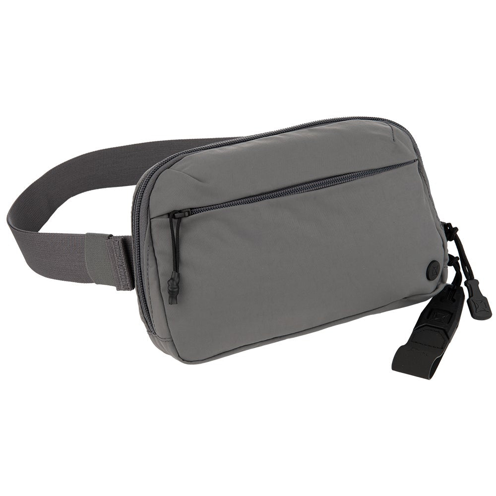 Product shot of a gray nylon Pacsafe Venturesafe EXP25 anti-theft hip pack featuring adjustable straps, zippered compartments, and a secure buckle closure
