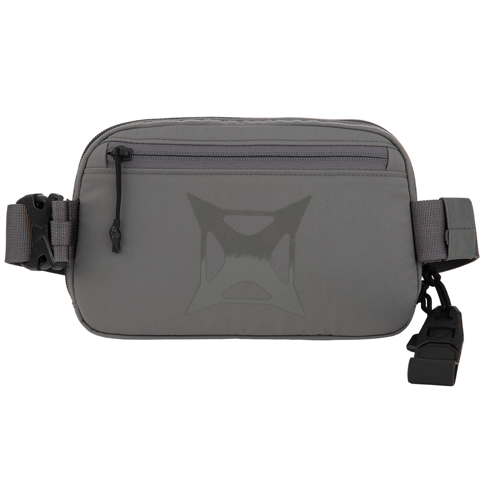Product photography of a gray fabric waist pack featuring a reflective logo zippered closure and adjustable straps