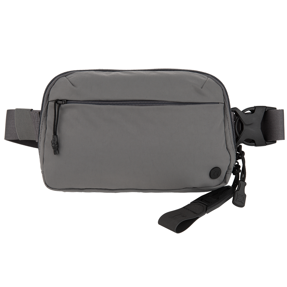 Product shot of a gray polyester fanny pack with a zippered main compartment, a small front pocket, and adjustable straps featuring black buckles and a dark gray zipper pull