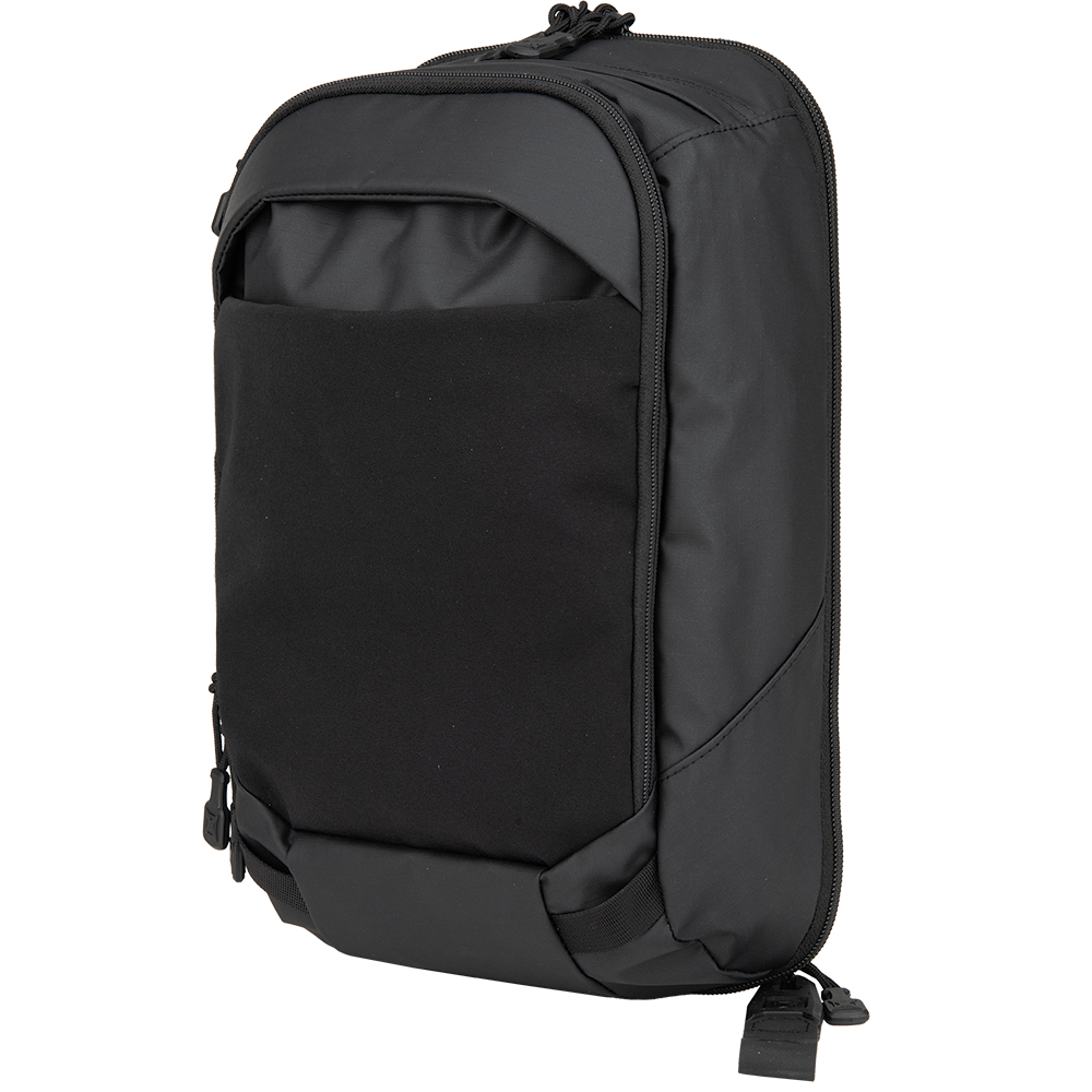 Product shot of a black backpack featuring a large main compartment, a smaller front pocket, and sturdy zippers