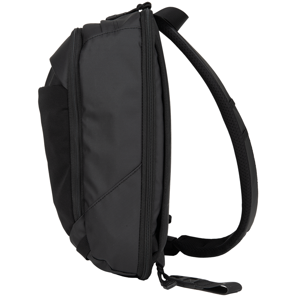 Product shot of a black backpack featuring side zippers, padded shoulder straps, and a sleek design