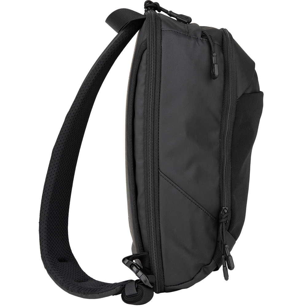 Product shot showing a black sling bag with padded shoulder strap and multiple zippered compartments