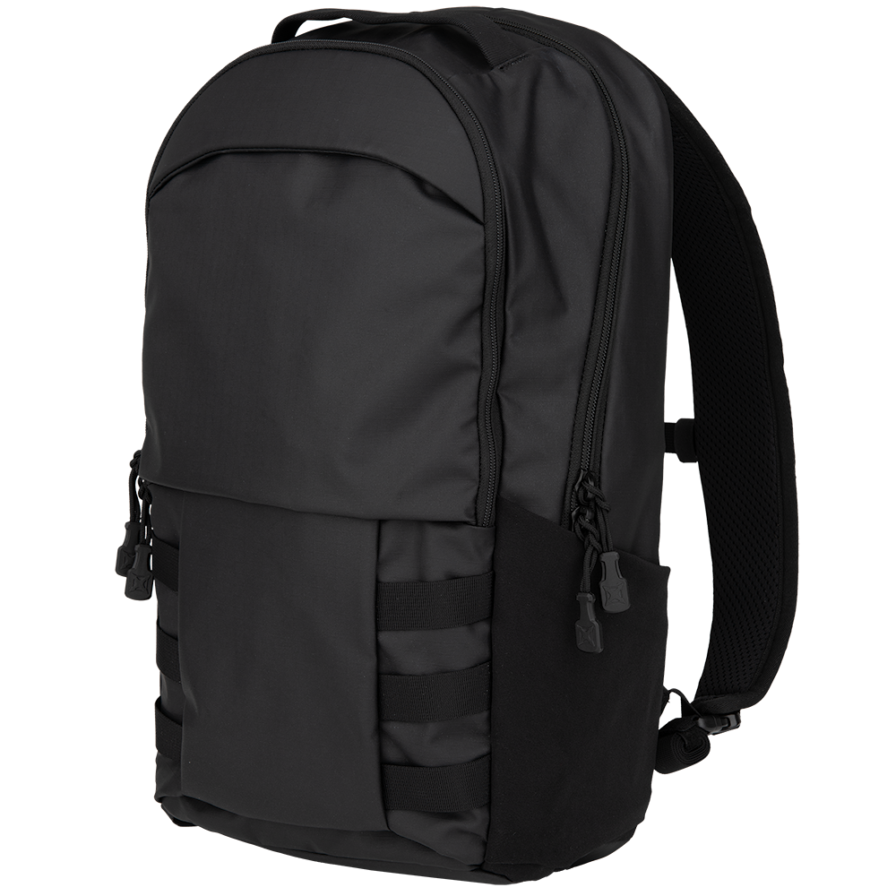 Product shot of a black backpack featuring a curved top zippered compartment, adjustable sternum strap, and side compression straps with teal zipper pulls