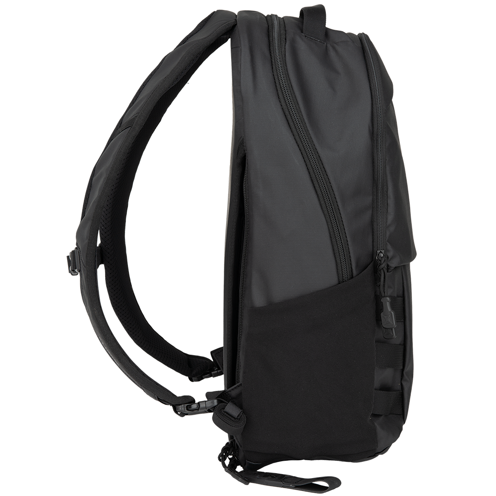 Product shot of a black backpack featuring padded shoulder straps, multiple zippered compartments, and a sleek design