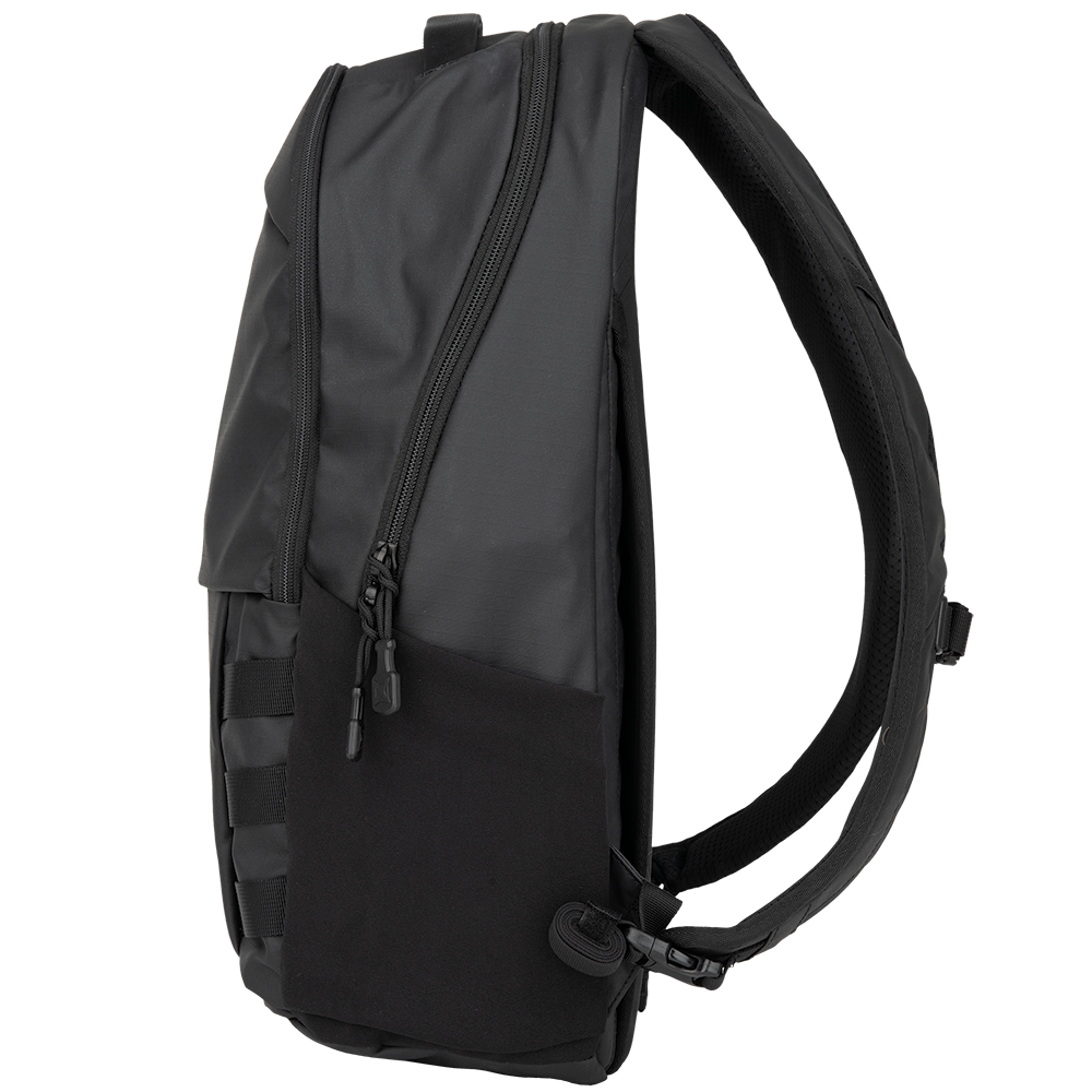 Product shot of a black backpack featuring padded shoulder straps, multiple zippered compartments, and a sleek, matte finish