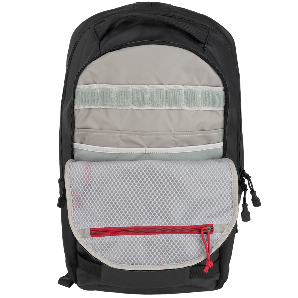 Product shot of a black backpack interior showing multiple compartments, gray organizational panels, and a red zippered mesh pocket