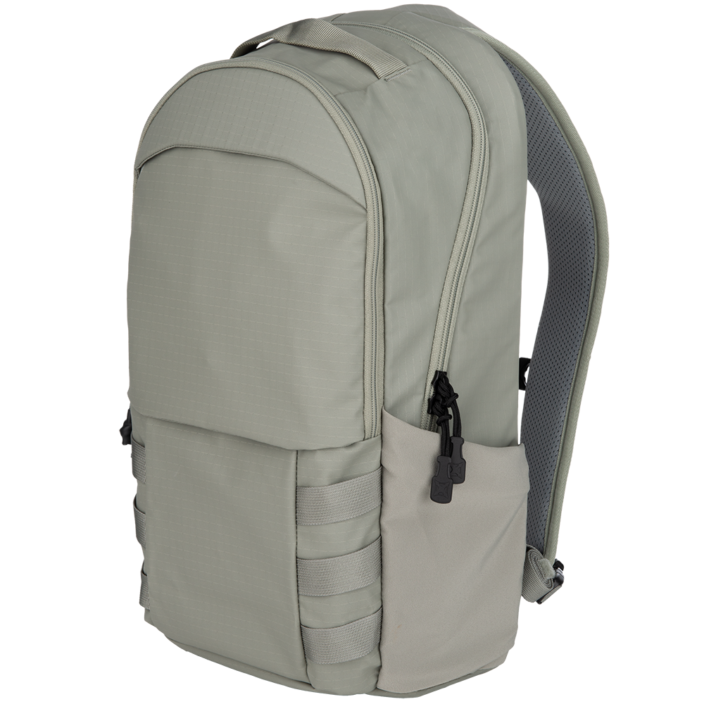 Product shot of a sage green backpack featuring adjustable straps, a zippered front pocket and breathable mesh back panel