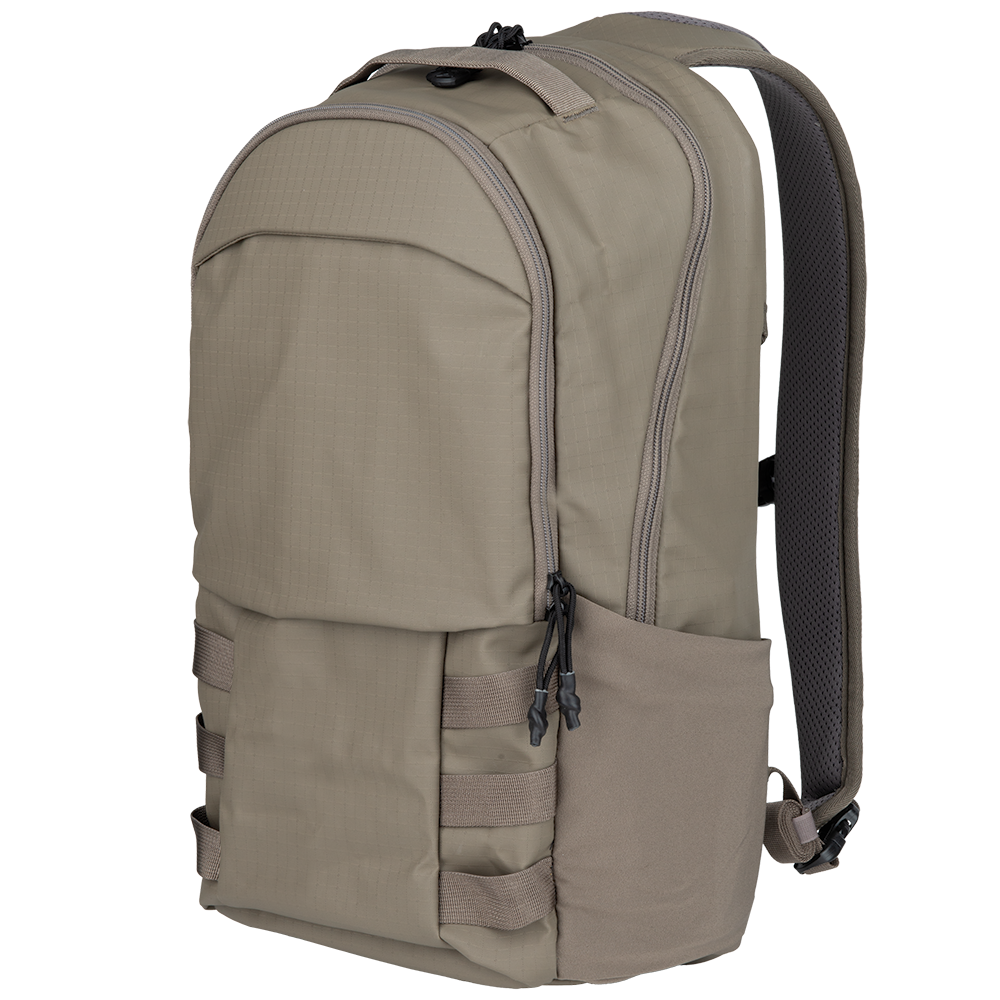 Product shot of a beige canvas backpack with adjustable straps and multiple zippered compartments showcasing a durable design and breathable back panel