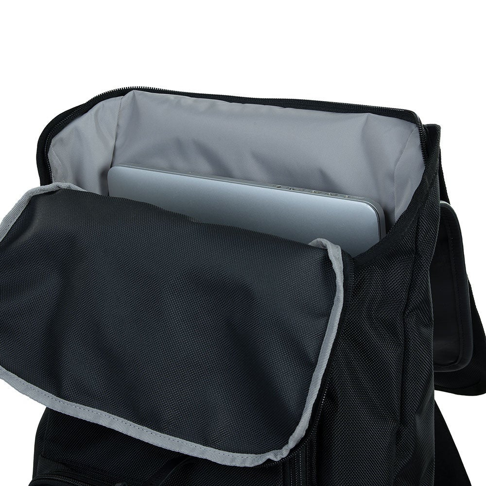 Product shot showing a black backpack with a gray laptop sleeve and a silver laptop inside featuring padded compartments and durable fabric