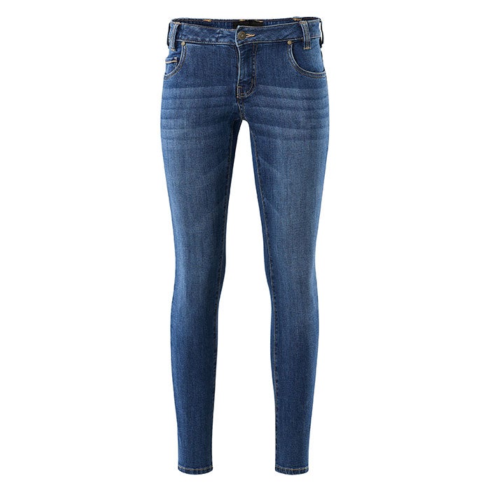 Product shot of a pair of dark wash skinny jeans featuring a classic five-pocket design subtle fading and a button fly.