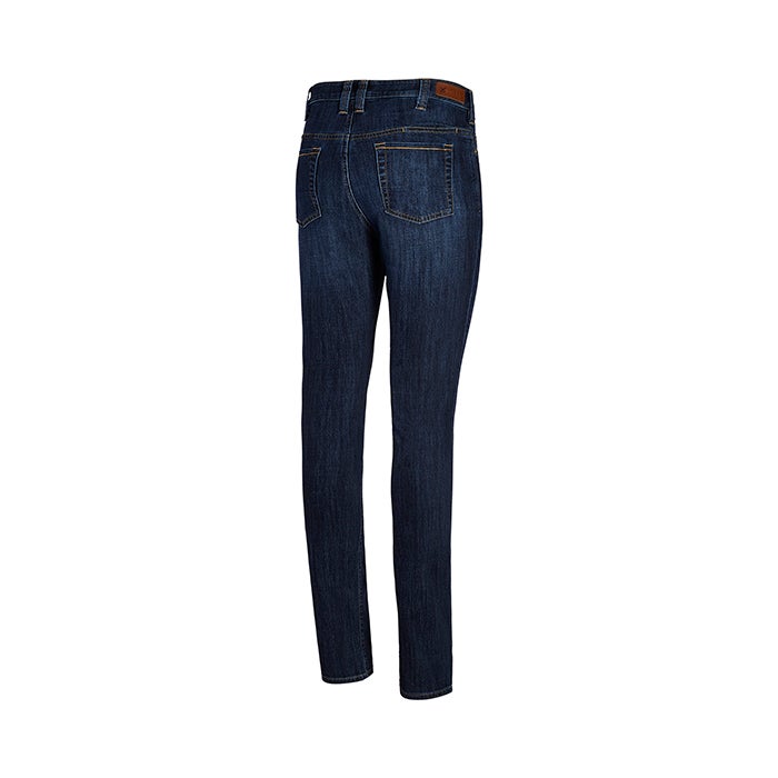 Product shot of dark wash denim jeans showing back view with a brown leather patch and visible stitching detail