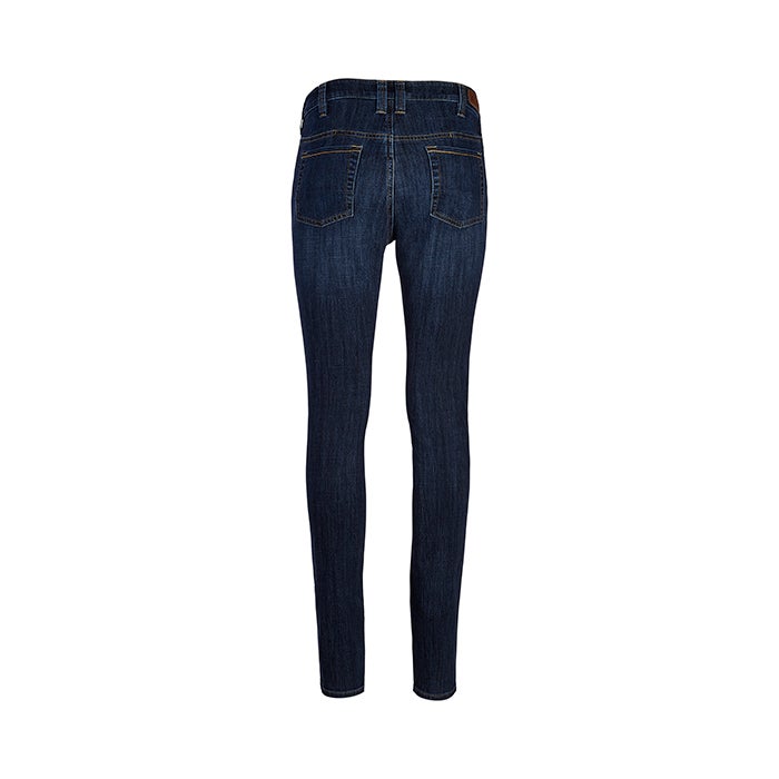 Product shot of a pair of dark wash skinny jeans showing back pockets and brown leather detailing on the waistband