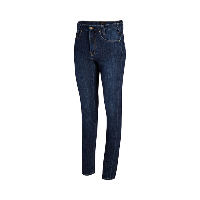Product shot of dark wash denim jeans featuring a classic five-pocket design a visible zipper fly and subtle contrast stitching