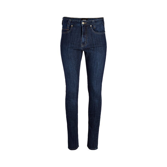 Product shot of dark wash skinny jeans featuring a gold button and stitching details on a white background