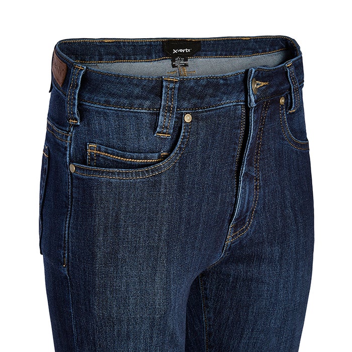 Product shot of Xertx dark wash denim jeans showing a detailed close up of the waistband stitching and front pockets with gold stitching