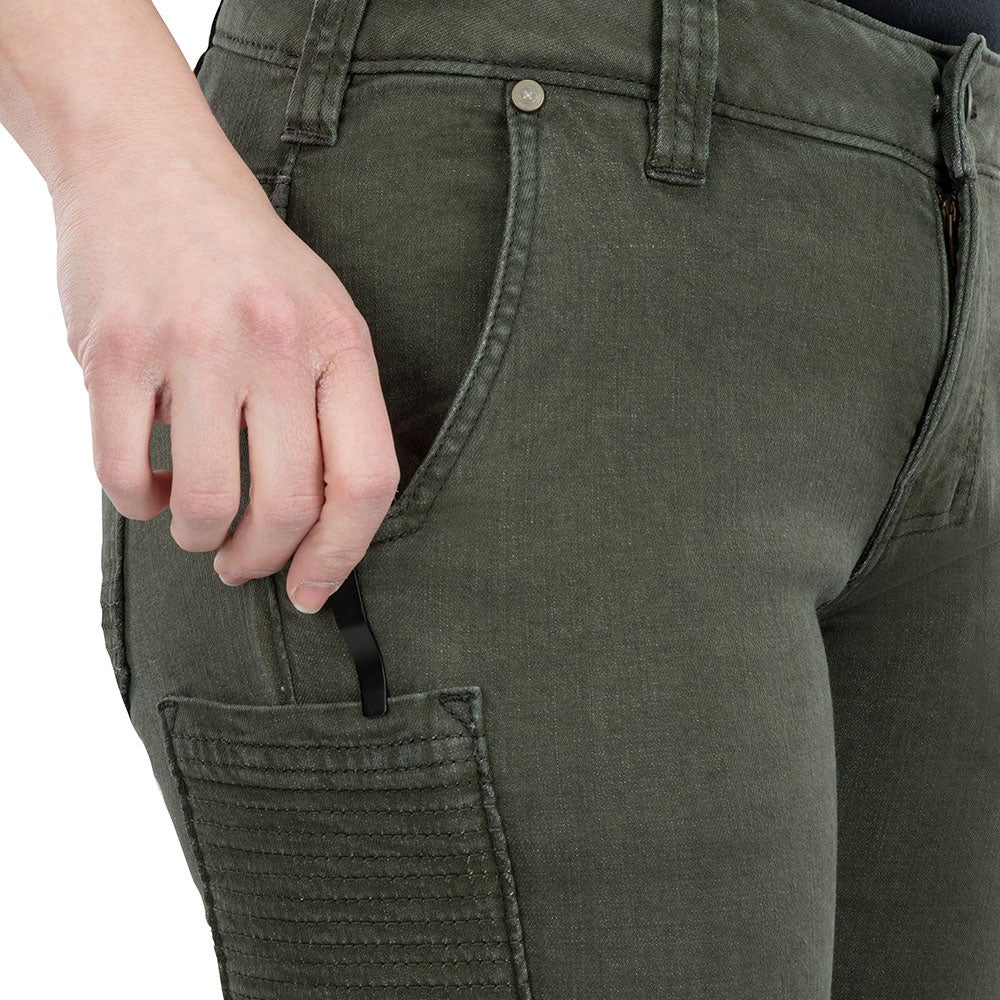 Product shot showing a close-up of olive green women's pants with a black pen in the pocket featuring detailed stitching and cargo pocket details