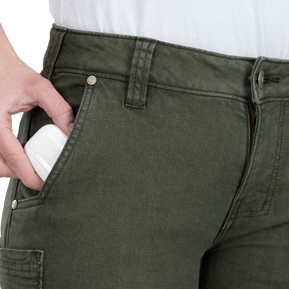 Product shot of olive green women's jeans featuring a front pocket with a white AirPods case a button fly and subtle stitching details