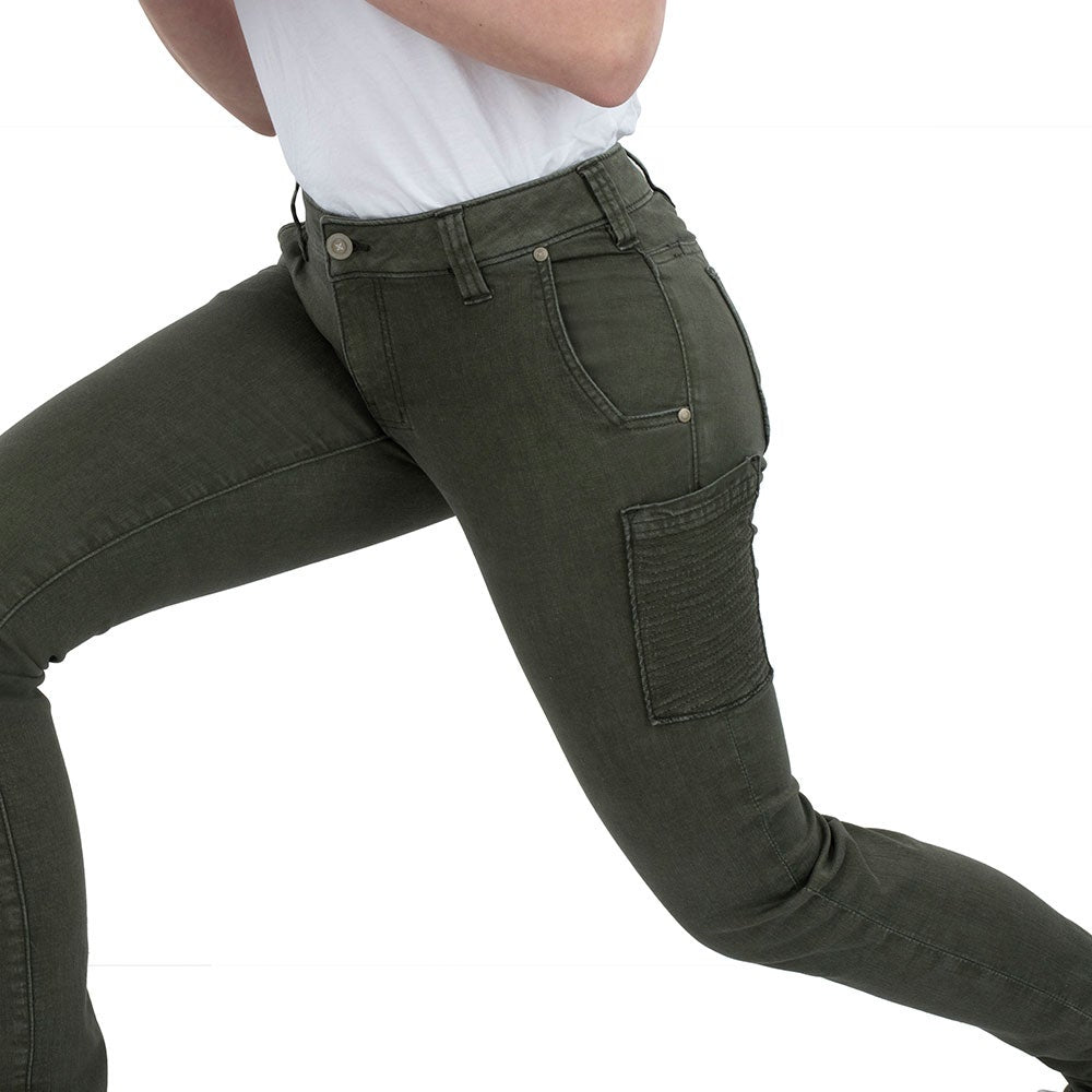 Product shot showing a pair of olive green women's jeans featuring a unique knee patch and visible stitching details against a white background