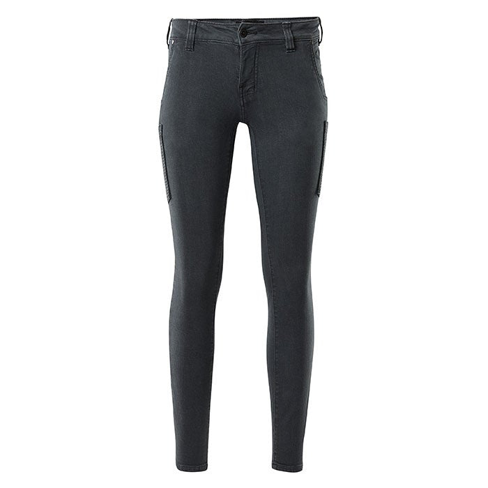 Product shot of dark grey skinny jeans featuring subtle distressing and zipper details on the pockets against a white background