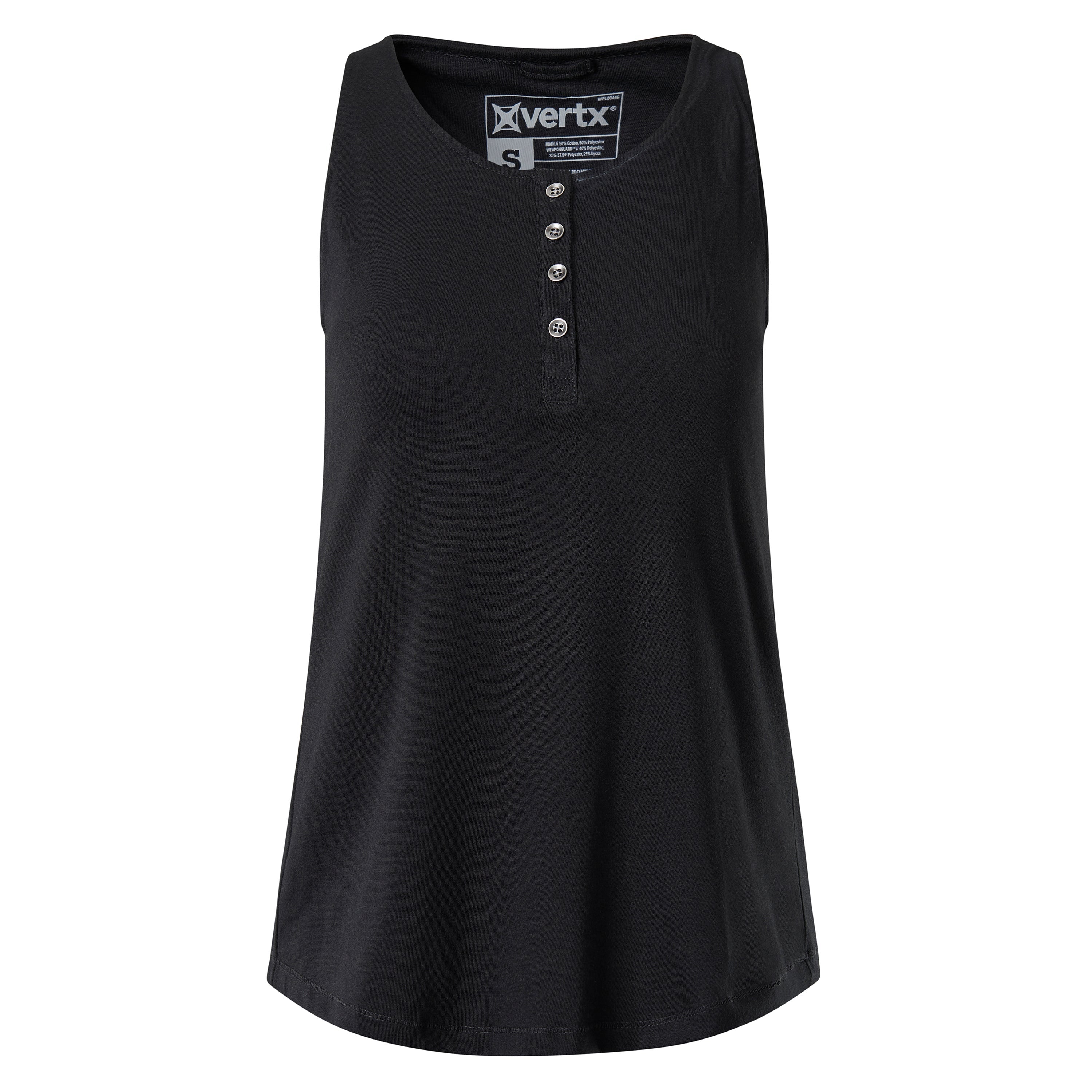 Product shot of a black Vertrx brand henley-style sleeveless shirt featuring a small logo and silver buttons on a white background