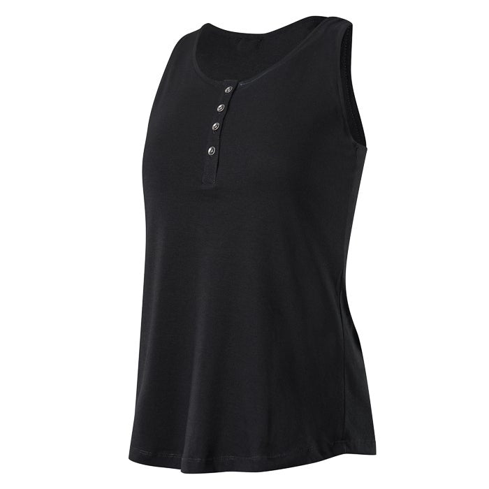 Product shot of a black sleeveless henley top featuring a placket with metallic buttons and a relaxed fit