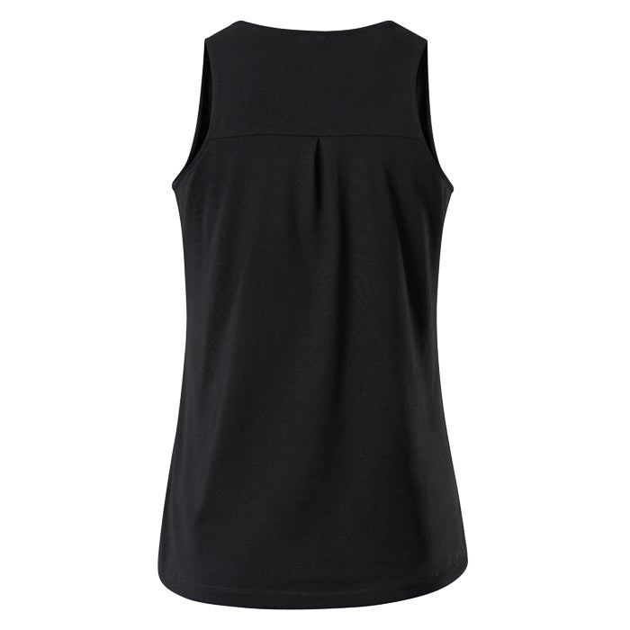 Product shot of a black sleeveless top featuring a center pleat and a simple v-neck design, showcasing the smooth texture and subtle sheen of the fabric