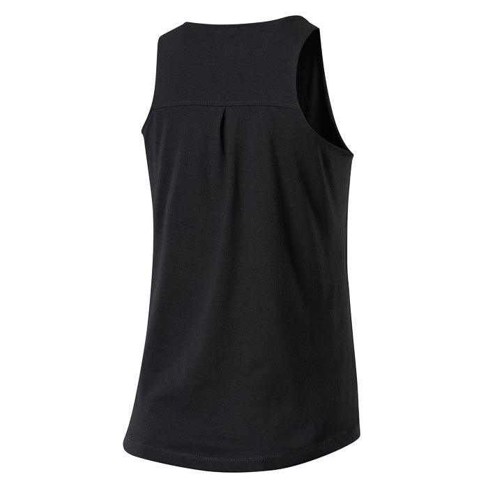 Product shot of a black cotton women's tank top featuring a back pleat detail and a straight hemline
