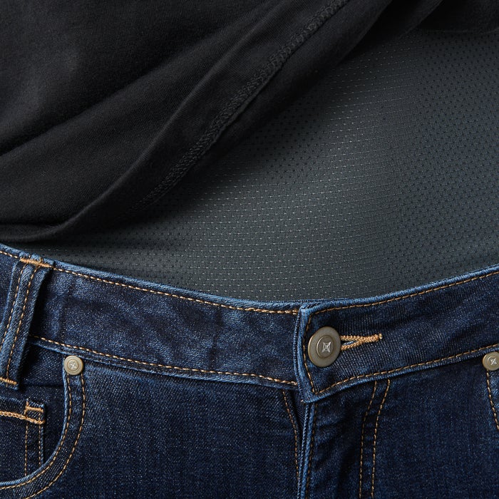 Close-up product shot of dark wash jeans and a black breathable undershirt showing the waistband button stitching and textured fabric details