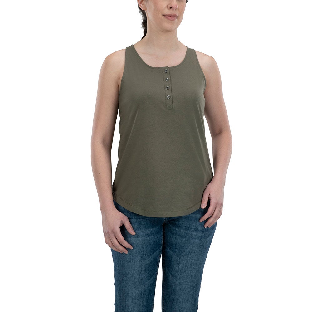 Studio product shot of a woman wearing a Henley-style olive green cotton tank top with five dark buttons and blue jeans against a white background