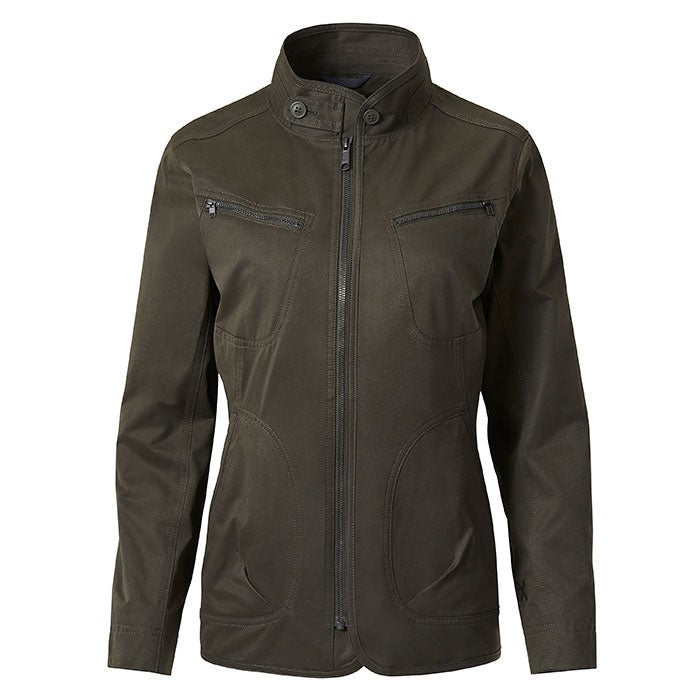 Product shot of a dark olive green women's zip-up jacket featuring a stand-up collar, multiple pockets, and subtle stitching details