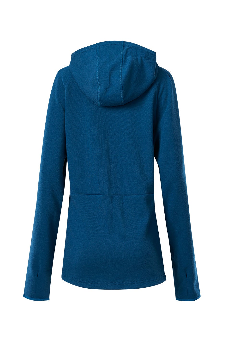 Product shot of a teal women's hooded fleece jacket featuring a drawstring hood and subtle seam details along the sleeves and hem