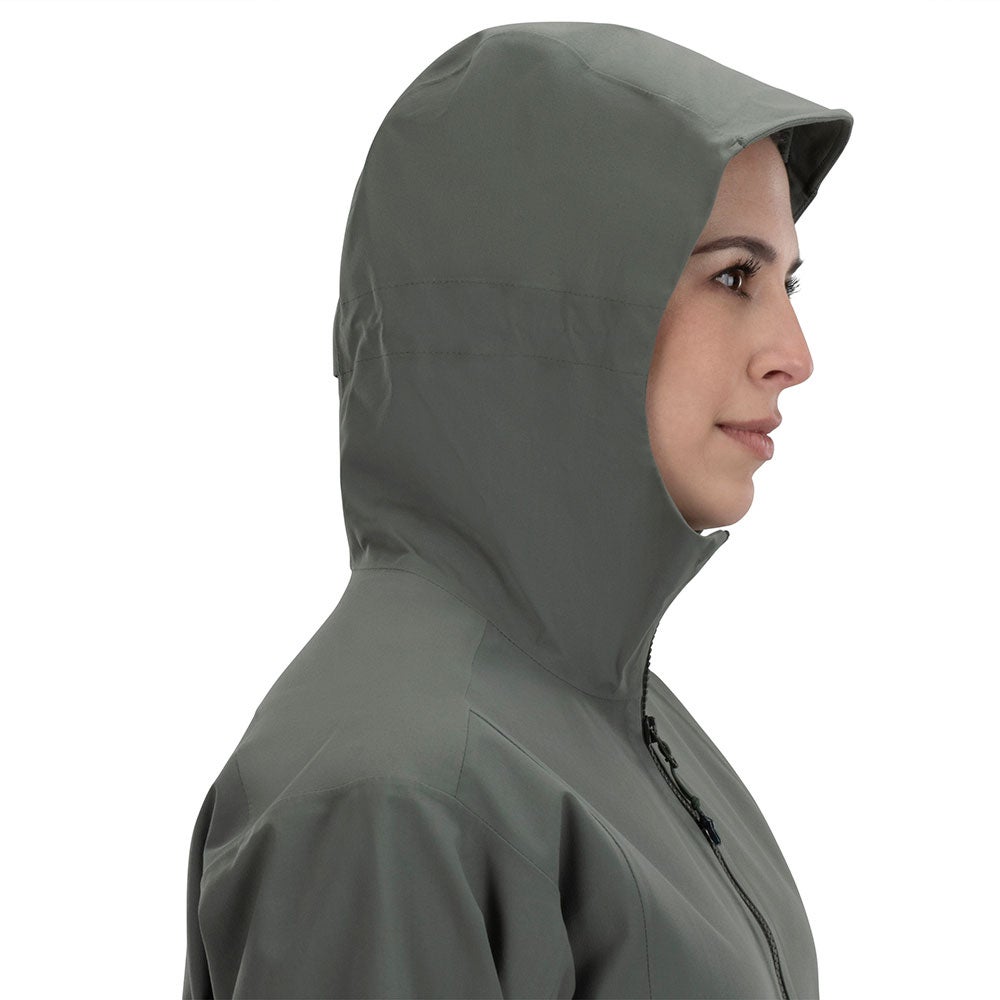 Product shot of a woman's olive green hooded jacket featuring a high collar, subtle stitching detail, and a sleek, minimalist design