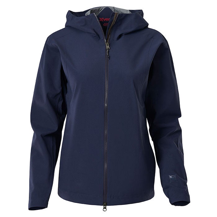 Product shot of a navy blue women's waterproof jacket featuring a full zip front, a protective hood, and subtle branding on the sleeve.