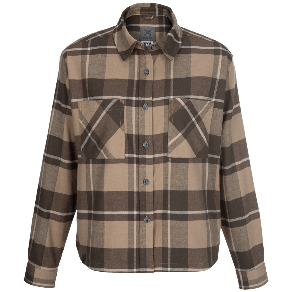 Product shot of a Vortex Tenax brown and beige plaid long-sleeved shirt featuring two chest pockets and dark buttons on a white background