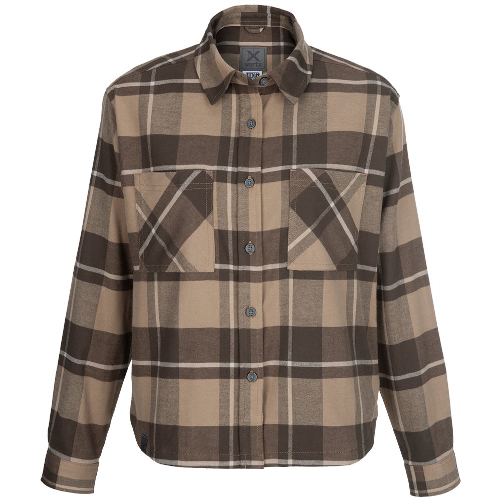 Product shot of a Vertex Tana brown and beige plaid long-sleeve shirt featuring two chest pockets and dark gray buttons.