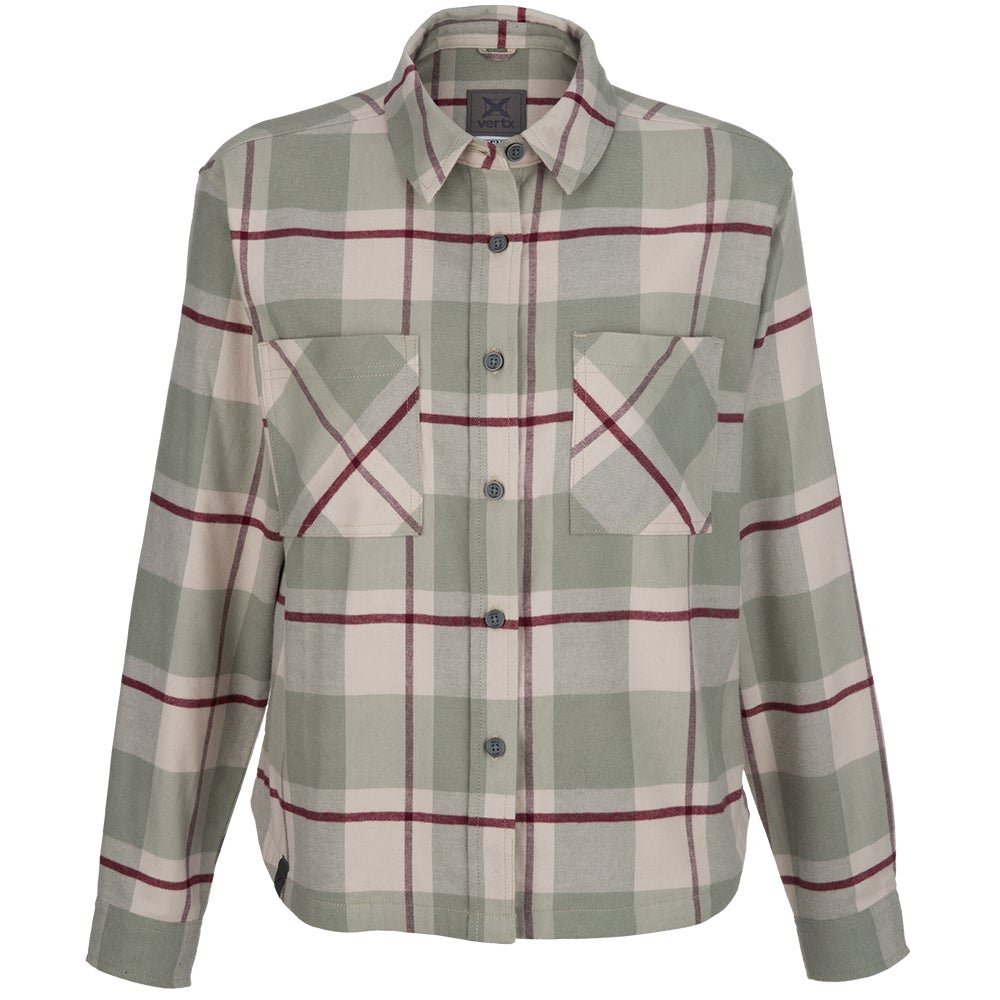 Vertix brand sage green and cream plaid long sleeve button down shirt featuring burgundy stripes and dark grey buttons