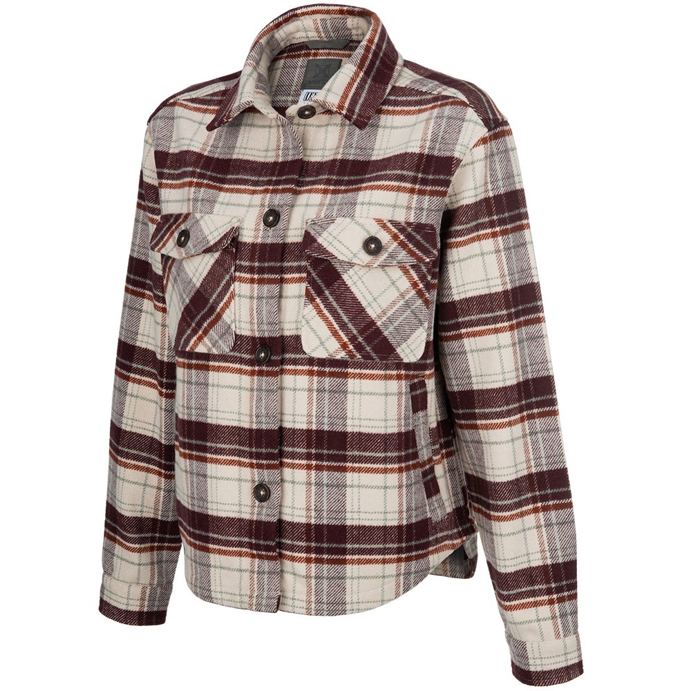 Product shot of a cream and maroon plaid flannel shirt featuring button closures, chest pockets, and a relaxed fit