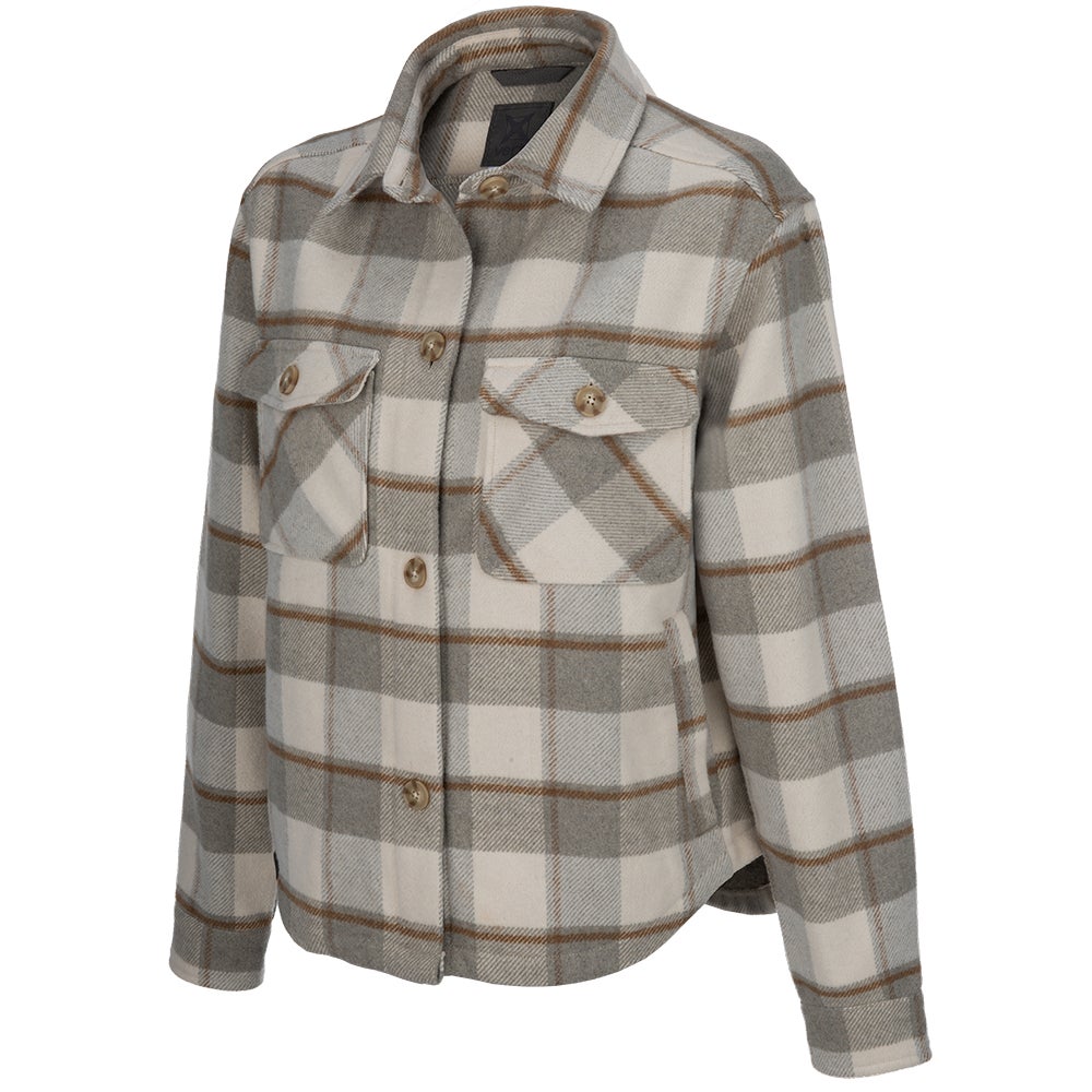 Studio shot of a cream and taupe plaid wool shirt jacket featuring buttoned flap pockets and long sleeves