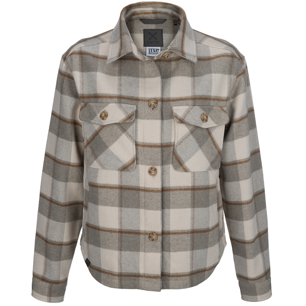 Vertx Lena wool shirt jacket featuring a cream and taupe plaid pattern, button closures, and functional flap pockets