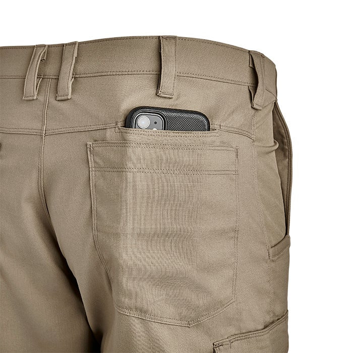 Product shot showing khaki pants with a cell phone in the back pocket featuring reinforced stitching and multiple pockets