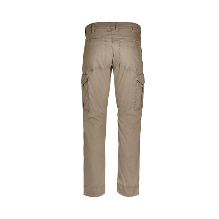 Product shot showing a pair of tan cargo pants with two large side pockets and a subtle textured fabric