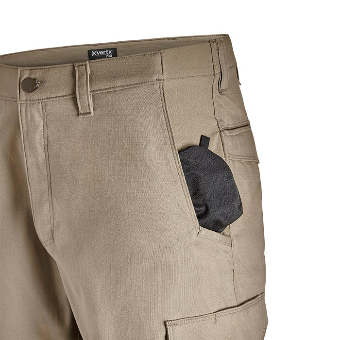 Product shot showing tan Xvertx Pro pants with a black pocket insert and multiple pockets featuring a button and a branded waistband