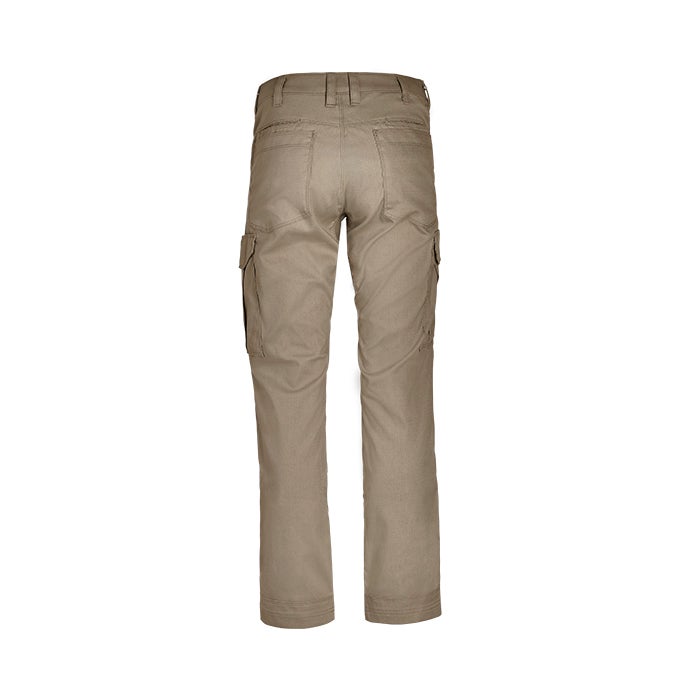 Product shot of beige cargo pants featuring a classic straight leg, two large cargo pockets, and a comfortable-looking waistband