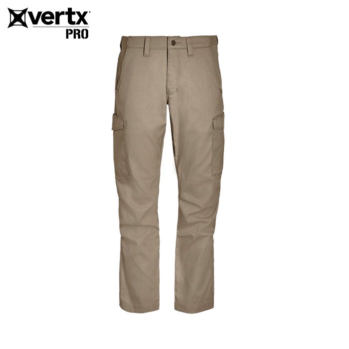 Product shot of Vertx Pro tactical pants featuring a beige color two cargo pockets and a buttoned waistband